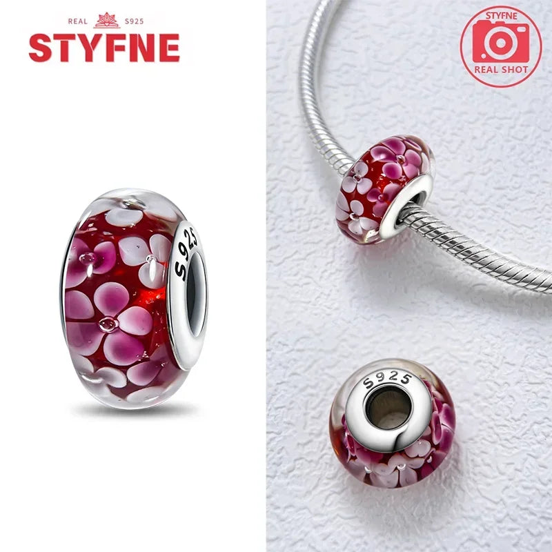 Echtes Sterlingsilber 925, Blumen-Charms, Glas, neue Original-Perle, bunt, Murano, passend für Original-Armbänder, DIY für Frauen, Schmuck, Geschenke