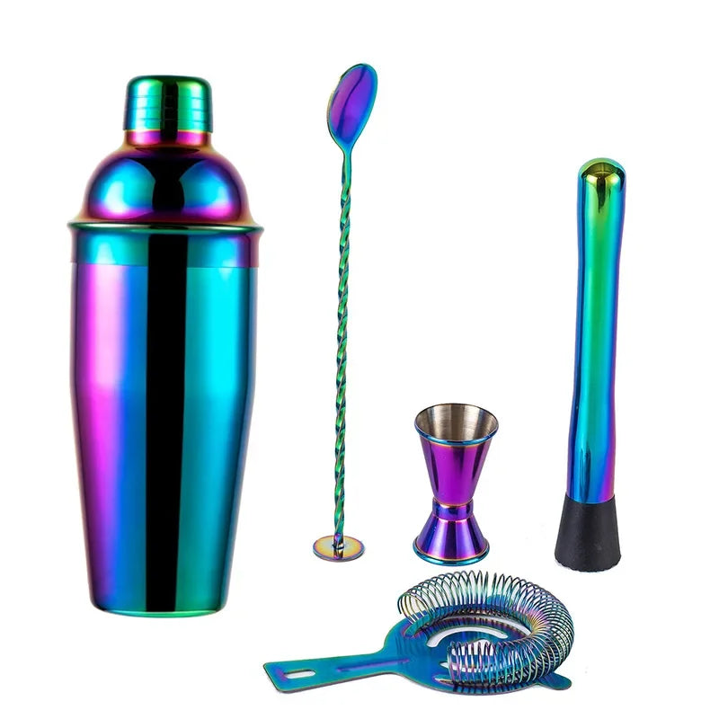 5-teiliges Regenbogen-Cocktail-Shaker-Bar-Set, Boston Shaker-Dosen aus Edelstahl, Barkeeper-Set, Getränkemixer, Party-Bar-Werkzeuge