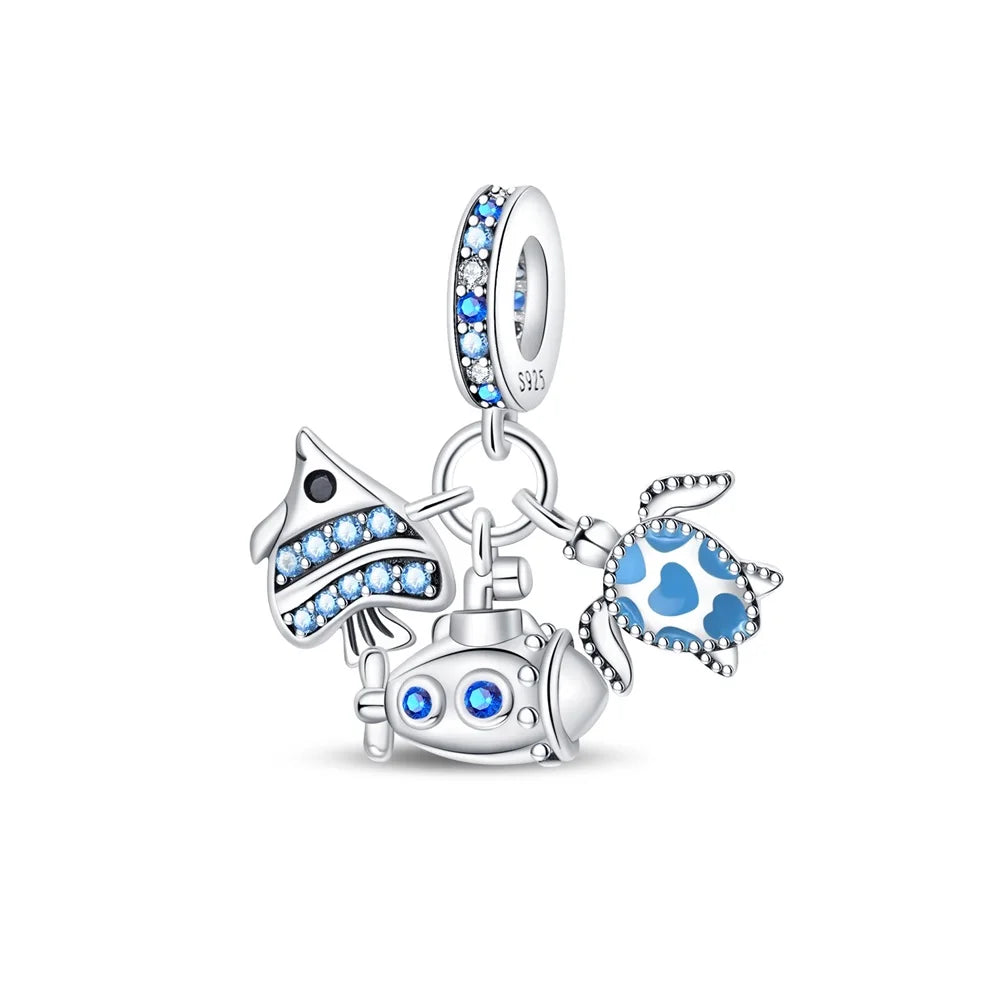 Ocean Series 925er Sterlingsilber, Wal, Schildkröte, kleiner Fisch, Qualle, Delfin, blauer Charm, passend für DIY-Armband, Halskette, Party-Schmuck