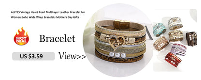 ALLYES Retro Blue Leather Bracelets for Women Men Boho Charm Pearl Crystal Heart Multilayer Wrap Bracelet &amp; Bangle Jewelry Gifts