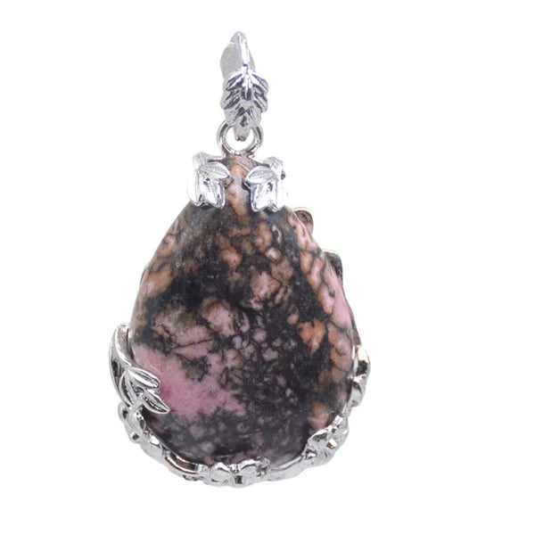 Damen-Naturstein, lila Kristall, Aventurin, Opal, Karneol, Onyx, Rosenquarz, Lapislazuli, Tropfenform, eingelegter Blumenanhänger aus Metall