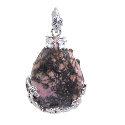 Damen-Naturstein, lila Kristall, Aventurin, Opal, Karneol, Onyx, Rosenquarz, Lapislazuli, Tropfenform, eingelegter Blumenanhänger aus Metall