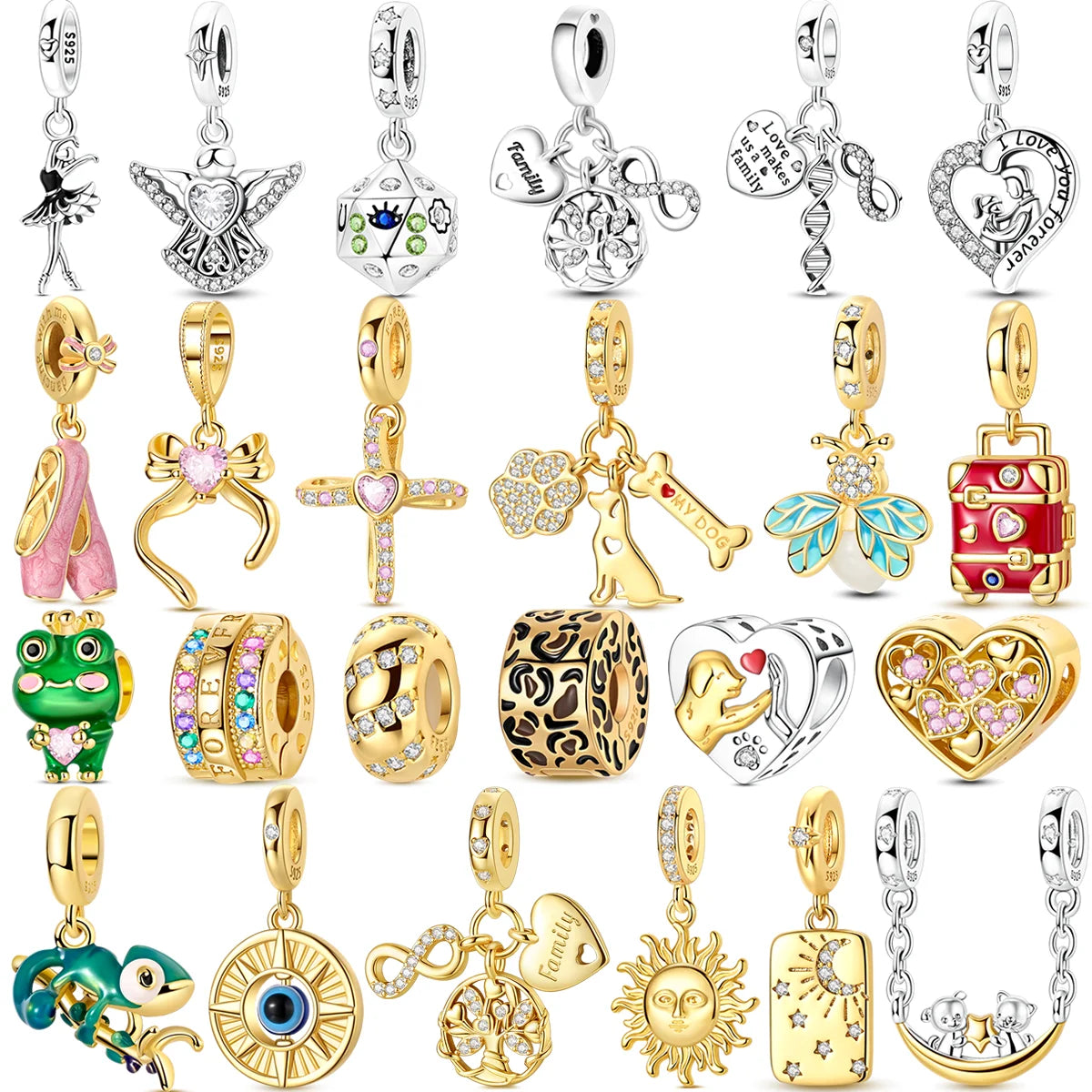 Original 925 Sterling Silber Goldene Haustiere Charms Perle Bunte Zirkonium Klee Engel Herz Baumeln Fit Armband DIY Schmuck Geschenk