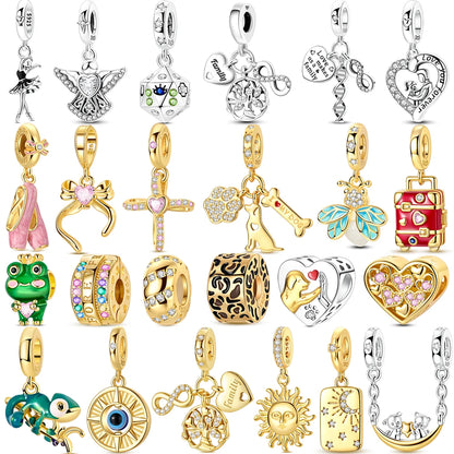 Original 925 Sterling Silber Goldene Haustiere Charms Perle Bunte Zirkonium Klee Engel Herz Baumeln Fit Armband DIY Schmuck Geschenk