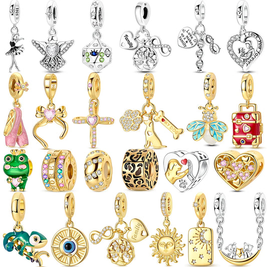 Original 925 Sterling Silber Goldene Haustiere Charms Perle Bunte Zirkonium Klee Engel Herz Baumeln Fit Armband DIY Schmuck Geschenk