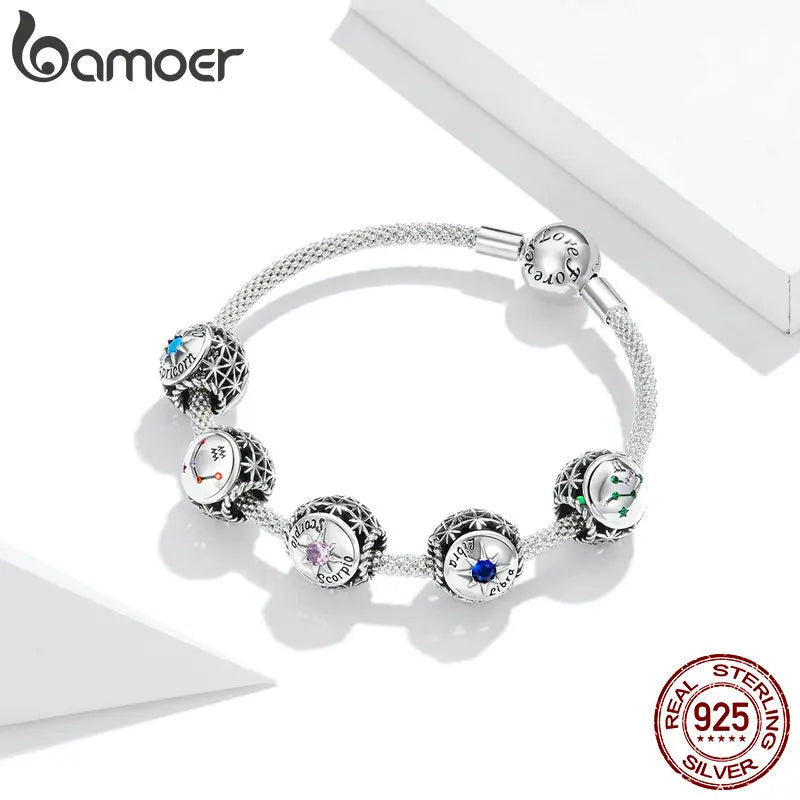 BAMOER Sternzeichen-Charm-Perlen aus 925er-Sterlingsilber, passend für Charm-Armbänder, 12 Sternbilder, Zirkonia-Charm SCC1725