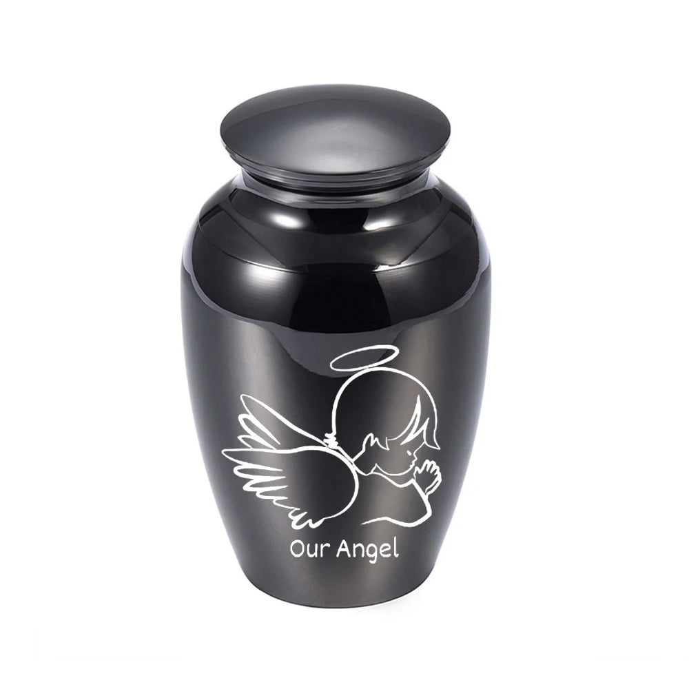 Kleine Andenkenurne für menschliche Asche, Feuerbestattungsurne, Engelsflügel, Mini-Urne, Aschenhalter aus Aluminiumlegierung, kleine Aschenurne – Unser Engel