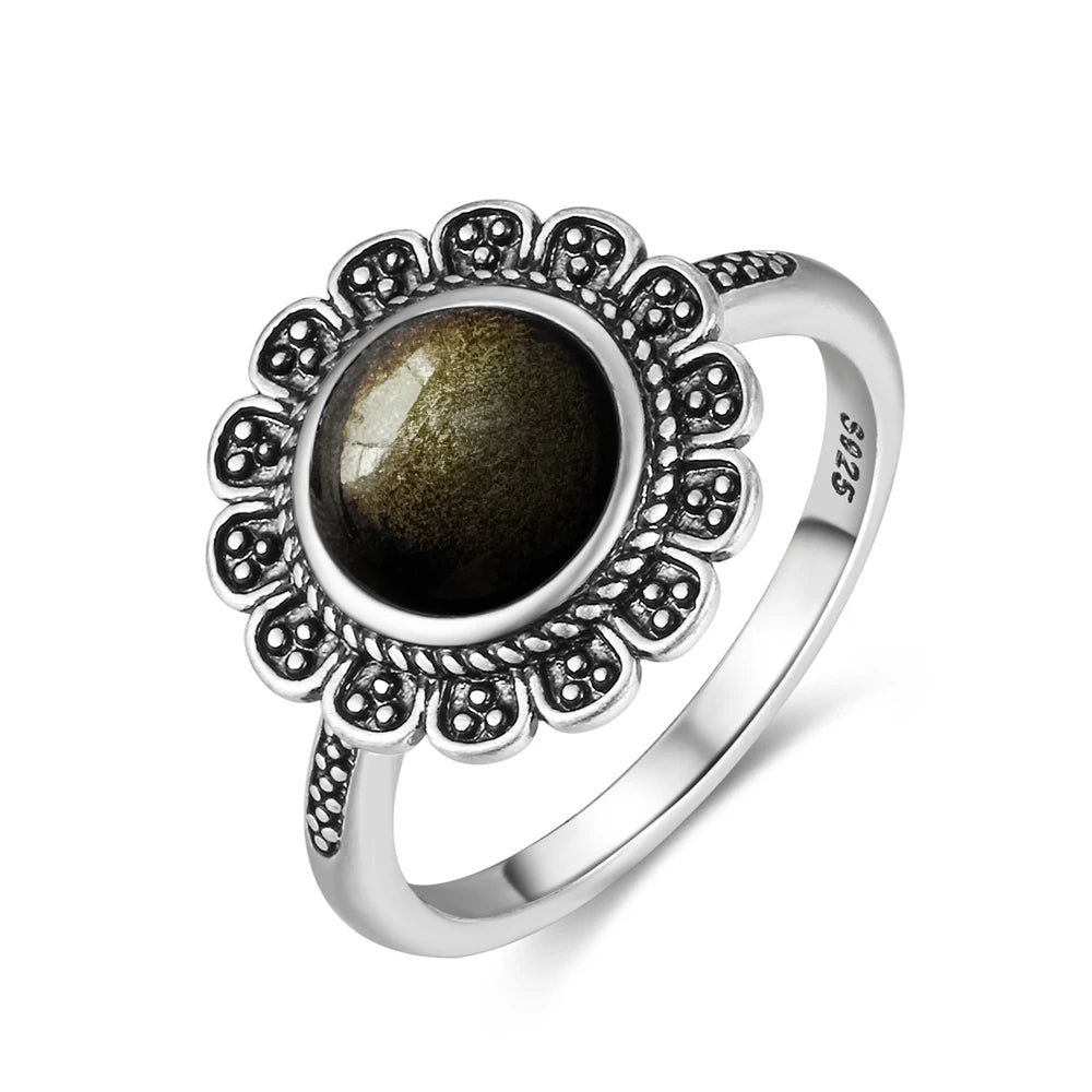 Vintage S925 Sterling Silber Ring Oval Runde Natürliche Obsidian Ring Sonne Und Blume Geformt Retro Edlen Schmuck Für Frauen Männer