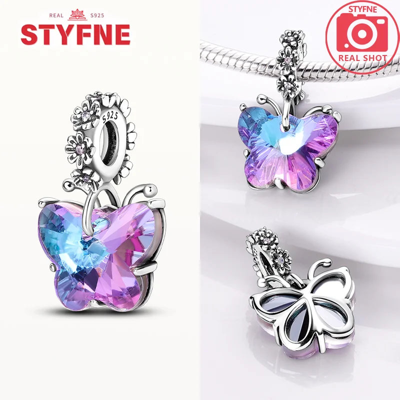 Neue Charms-Perle aus 925er-Sterlingsilber, rosa Schmetterling, leuchtende Glühwürmchen, baumelnd, passend für Armreifen, Halskette, DIY-Schmuck, Frauen-Geschenk