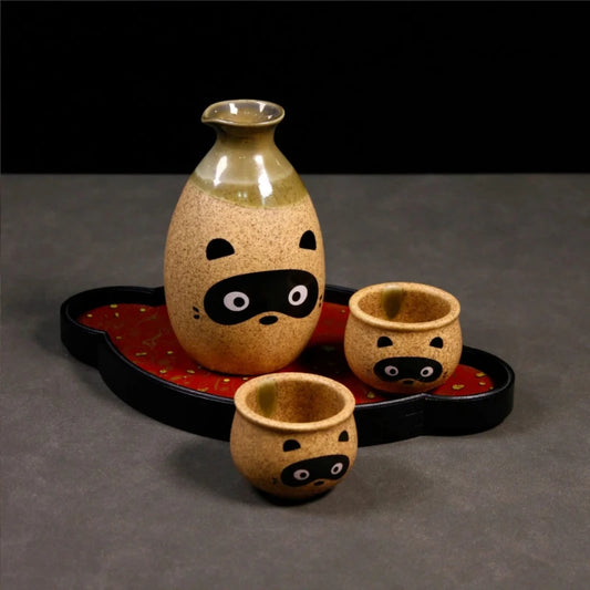 Japanisches Sake Pot Kit Handbemalt Zibet Katze Shochu Cup Set Retro Wein Keramik Zwei Tassen Barzubehör für Geschenk Bar Sets Zubehör