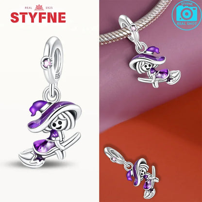 Silber 925 lila fliegender Hexenhut und Zauberbuch-Charms, Perlen, passend für Original-Armbänder, DIY-Halloween-Charm für Frauen, Schmuck, Geschenke