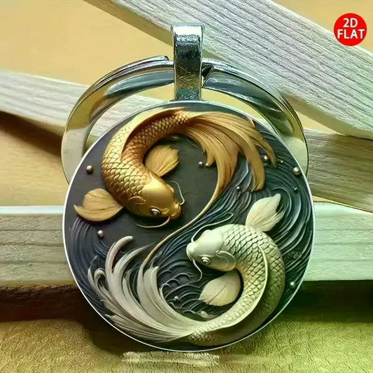 Modischer neuer 2D Yin Yang Koi runder Glas-Schlüsselanhänger, Glücksanhänger, modische Tasche und Autoschlüssel-Dekoration, Weihnachtsgeschenk