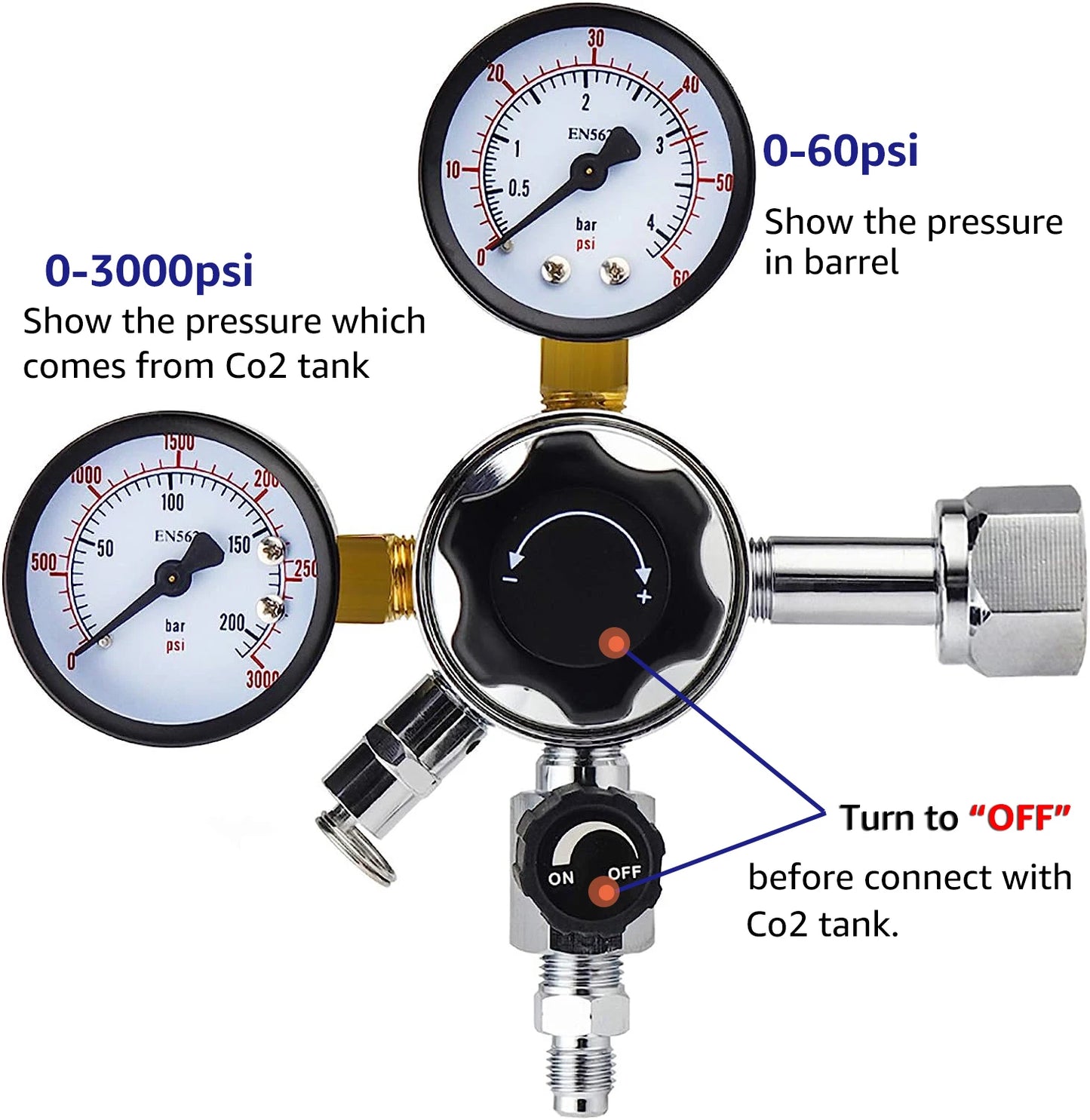 W 21,8 Co2 Regler, Homebrew Fass Kegerator Regler 3000PSI Druck Dual Che Co2 Regler mit Sicherheit Druck Relief Ventil