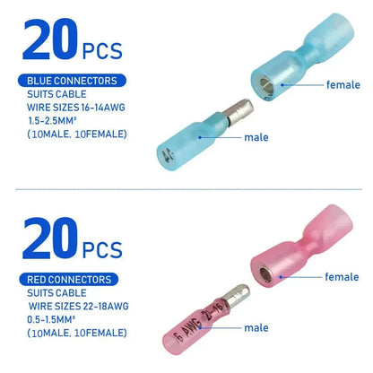 50 Stück Wärmeschrumpf-Kabelverbinder, Weiblich und Männlich, Elektrische Drahtverbinder, Crimpklemmen 10-22AWG, Wasserdicht
