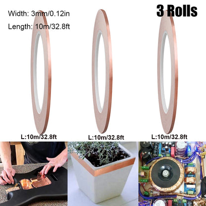 3 Rollen Kupferfolienband, selbstklebend, einseitig, leitende Schnecke, EMI-Abschirmung, DIY-Schaltung, elektrische Reparaturbänder