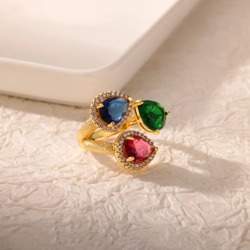Luxus Edelstahl Ringe Vergoldet Bunte Stein Zirkon Kristall Herz Ring Für Frauen Hochzeit Boho Schmuck Weihnachtsgeschenk