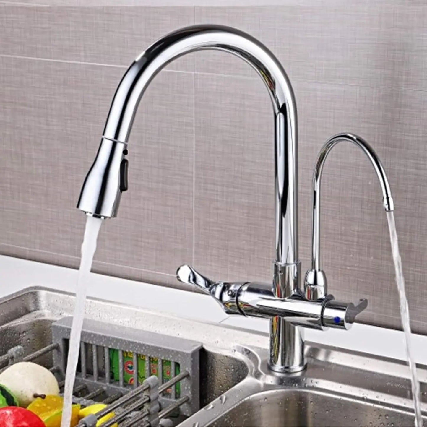 3-Wege-Küchenarmatur mit ausziehbarem Sprühgerät 360 °   Drehbarer Küchenarmatur, 3-in-1, Chrom, Doppelgriff, für heißes und kaltes Trinkwasser