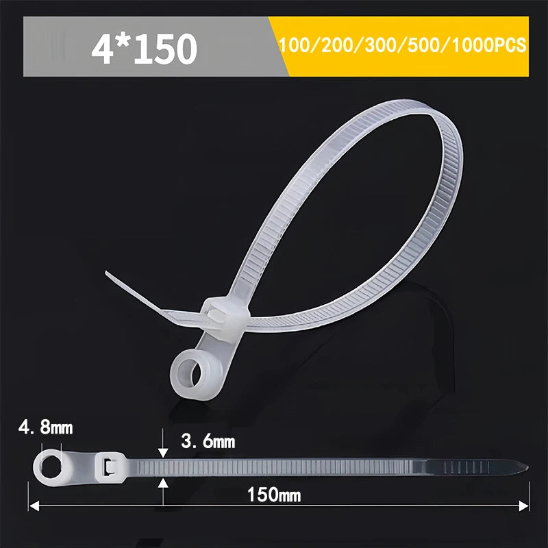 100/1000 Stück Kabelbinder mit Schraubenloch, wiederverwendbar, feste Nylon-Kabelbinder, selbstsichernde Kabelbinder, Riemen, Befestigungsschlaufe, Büro-Organizer