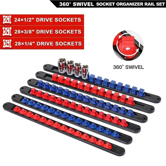 360 °   Drehbarer ABS-Sockel-Organizer, 1/4 Zoll, 3/8 Zoll, 1/2 Zoll, Premium-Qualität, Sockel-Clip-Schienenhalter, Steckdosen-Organizer, Werkzeuge, Blau und Rot