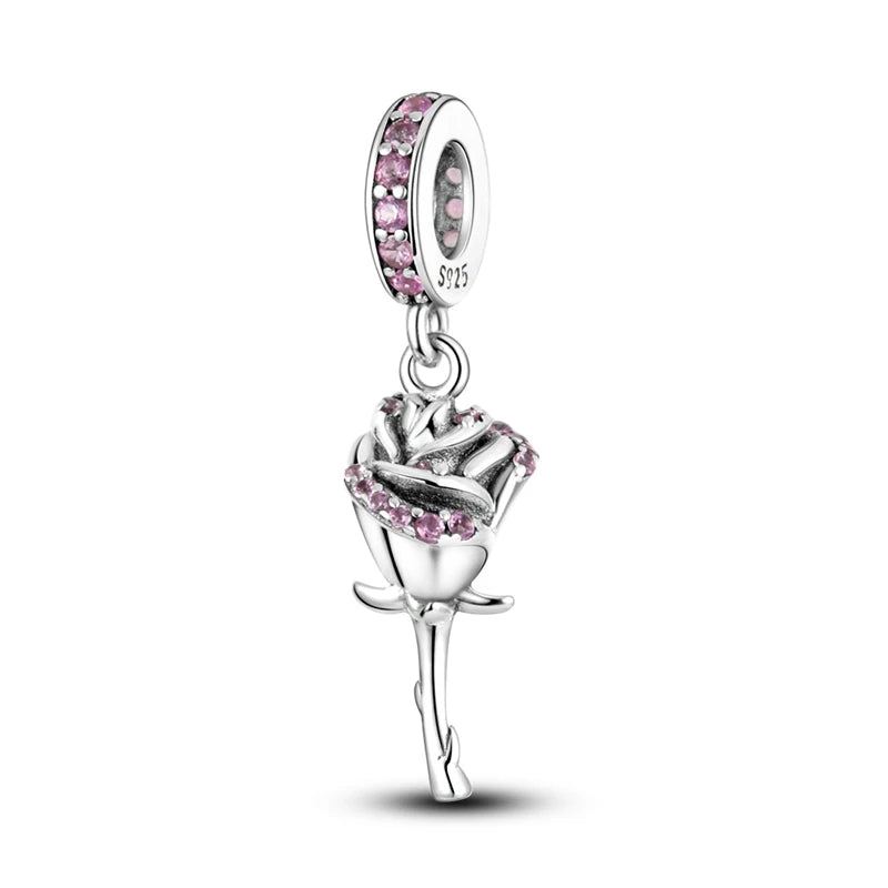 Charms-Perlen der Blumenserie, Original-Anhänger aus 925er-Sterlingsilber, Lotus-Tulpe, Rose, Nelke, passend für Armbänder, Damenschmuck, DIY-Geschenk