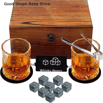 Set mit 8 Granit-Eiswürfeln + 2 Gläsern für Whisky in Holzbox, Geschenk für Papa, Vatertagsgeschenk für Männer, Whisky-Steine