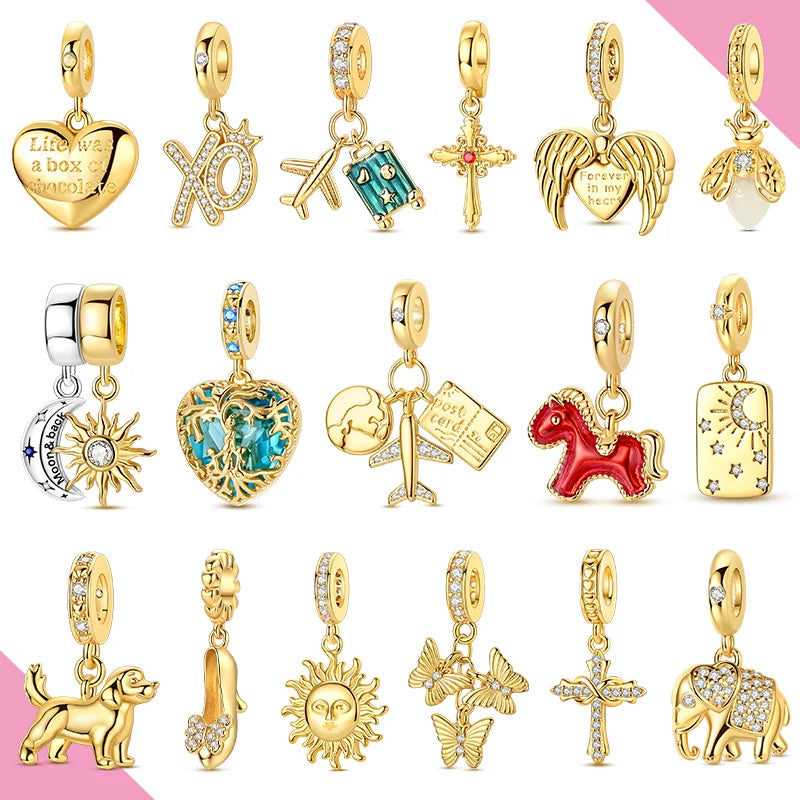 Dangle Charms 925 Sterling Silber Original Gold Charms Perlen Hund Flugzeug Passend für Armband Halskette DIY für Damen Feiner Schmuck