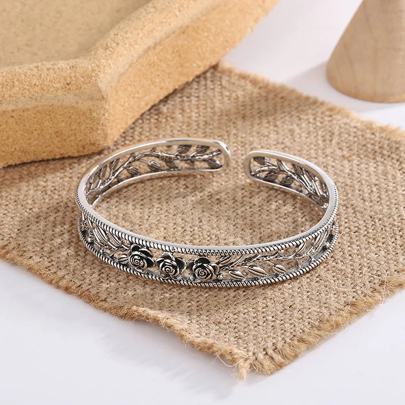Neue Retro Rose Blatt Hohl Armbänder 925 Sterling Silber Schmuck Temperament Persönlichkeit Süße Blume Öffnung Armreifen TYB119