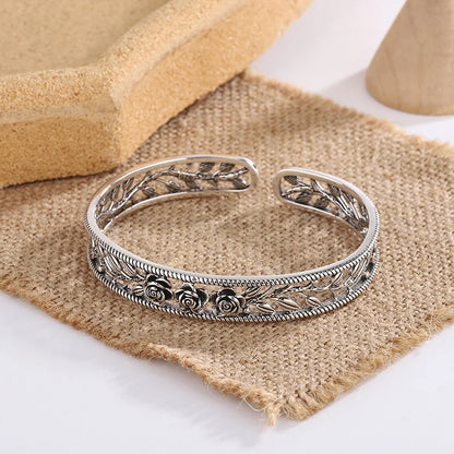 Neue Retro Rose Blatt Hohl Armbänder 925 Sterling Silber Schmuck Temperament Persönlichkeit Süße Blume Öffnung Armreifen TYB119