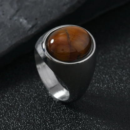 HNSP 316L Edelstahl Oval Naturstein Ring Für Männer Frauen Finger Vintage-Schmuck Schwarz Grün Tigerauge Männliche Ringe
