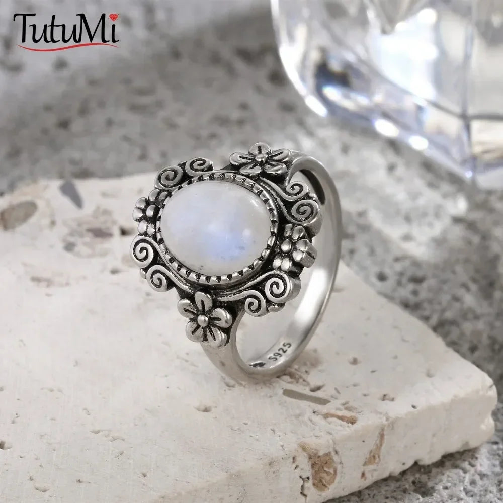 925 Silber Blume 8 * 10 mm Mondstein Ring Vintage Stil Damen Party Schmuck Geschenk für Frauen