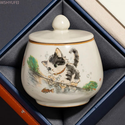 Funeral Ashes Glass Urn for Human Cremation Pet Ashes Holder Ceramic Keepsake Pal Ashes Urns Casket Seal Cute Cat Pattern