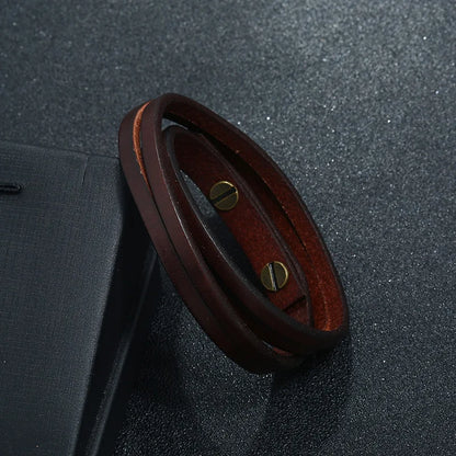 MKENDN Punk Vintage Doppel Strang Schwarz Braun Echtes Echtes Kuh Leder Charme Unisex Schnalle Armband Für Männer Frauen Schmuck Geschenke