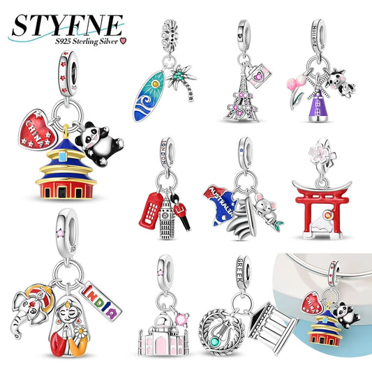 Neue Charms aus 925er Silber, griechischer Tempel, Pariser Turm, London, Big Ben, Perlenanhänger, passend für Original-Armbänder, DIY, kultureller edler Schmuck, Geschenk