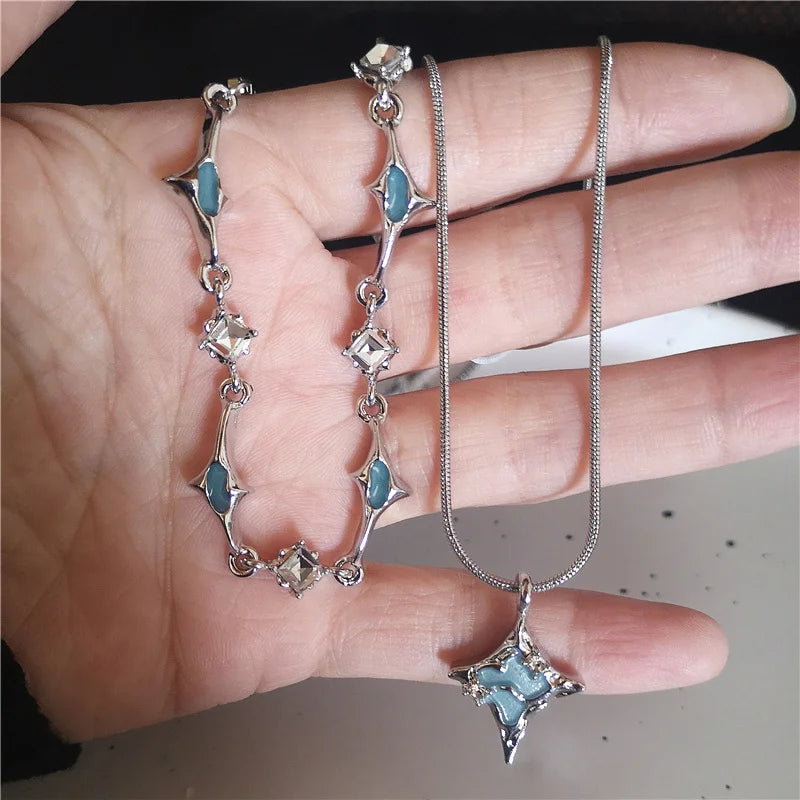 Geschmolzenes flüssiges Metall Vier-Sterne-Strass-Edelstahl-Kettenhalskette für Frauen Egirl Trend Ästhetischer Halsband Y2K-Schmuck