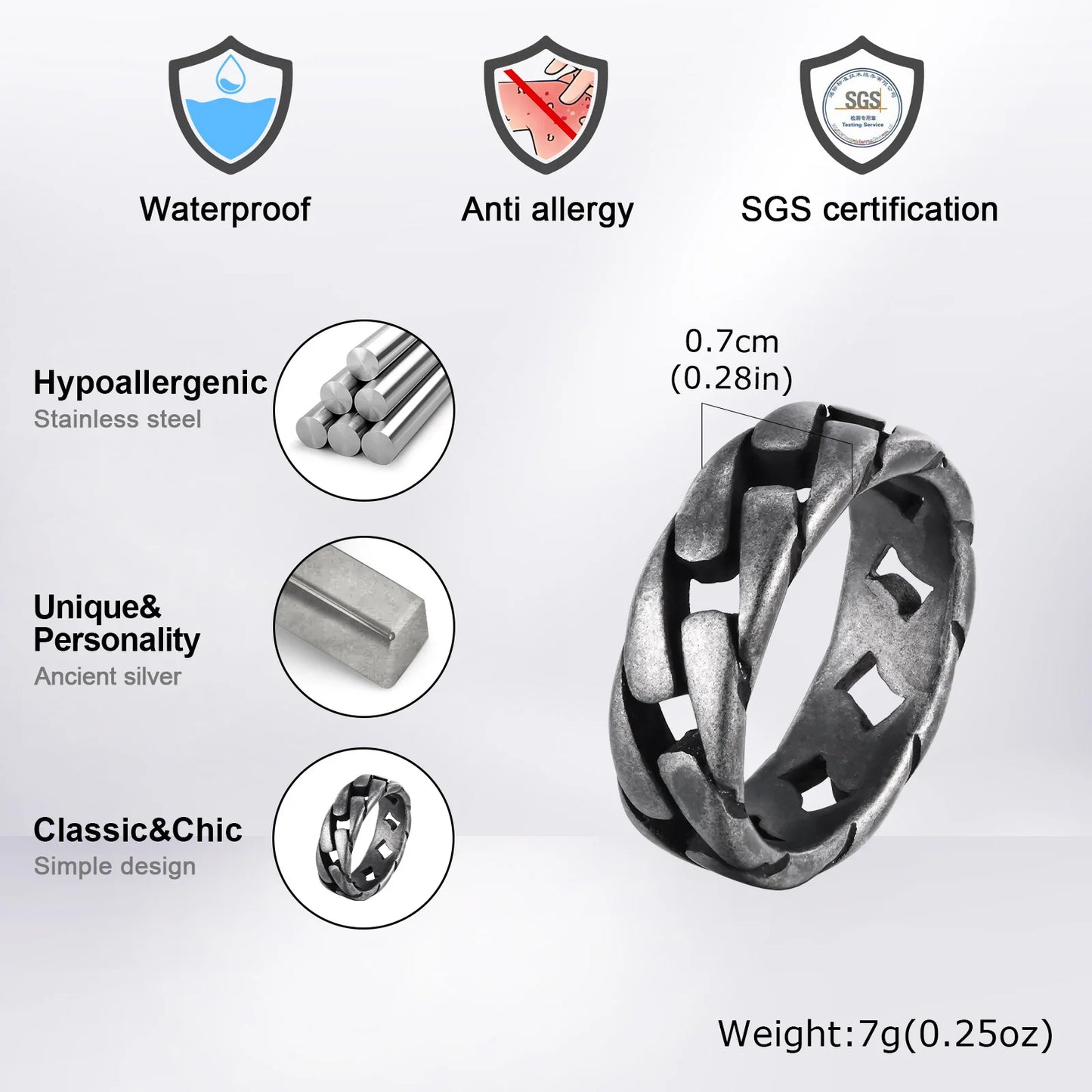 Vnox Herren Vintage oxidierte Edelstahlringe, Gliederförmiges Fingerband, Punk Rock Male Alliance