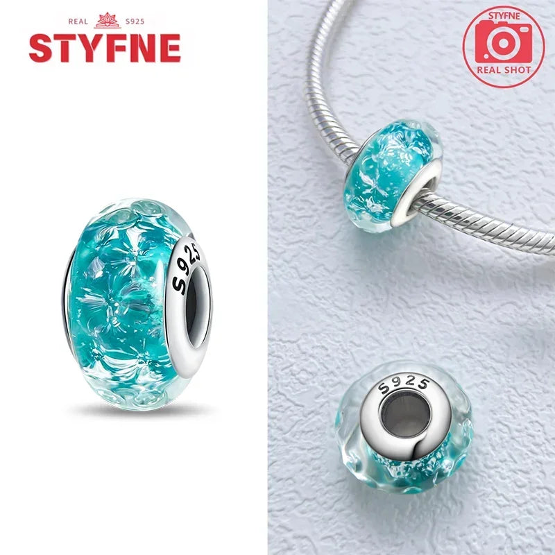 Echtes Sterlingsilber 925, Blumen-Charms, Glas, neue Original-Perle, bunt, Murano, passend für Original-Armbänder, DIY für Frauen, Schmuck, Geschenke