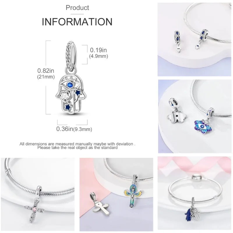 Teufelsaugen-Charm aus 925er Silber, Original-Hand der Fatima, blauer Zirkon, Kreuz, blaue Augen, passend für Armbänder, DIY-Herstellung von Schmuck, Geschenk