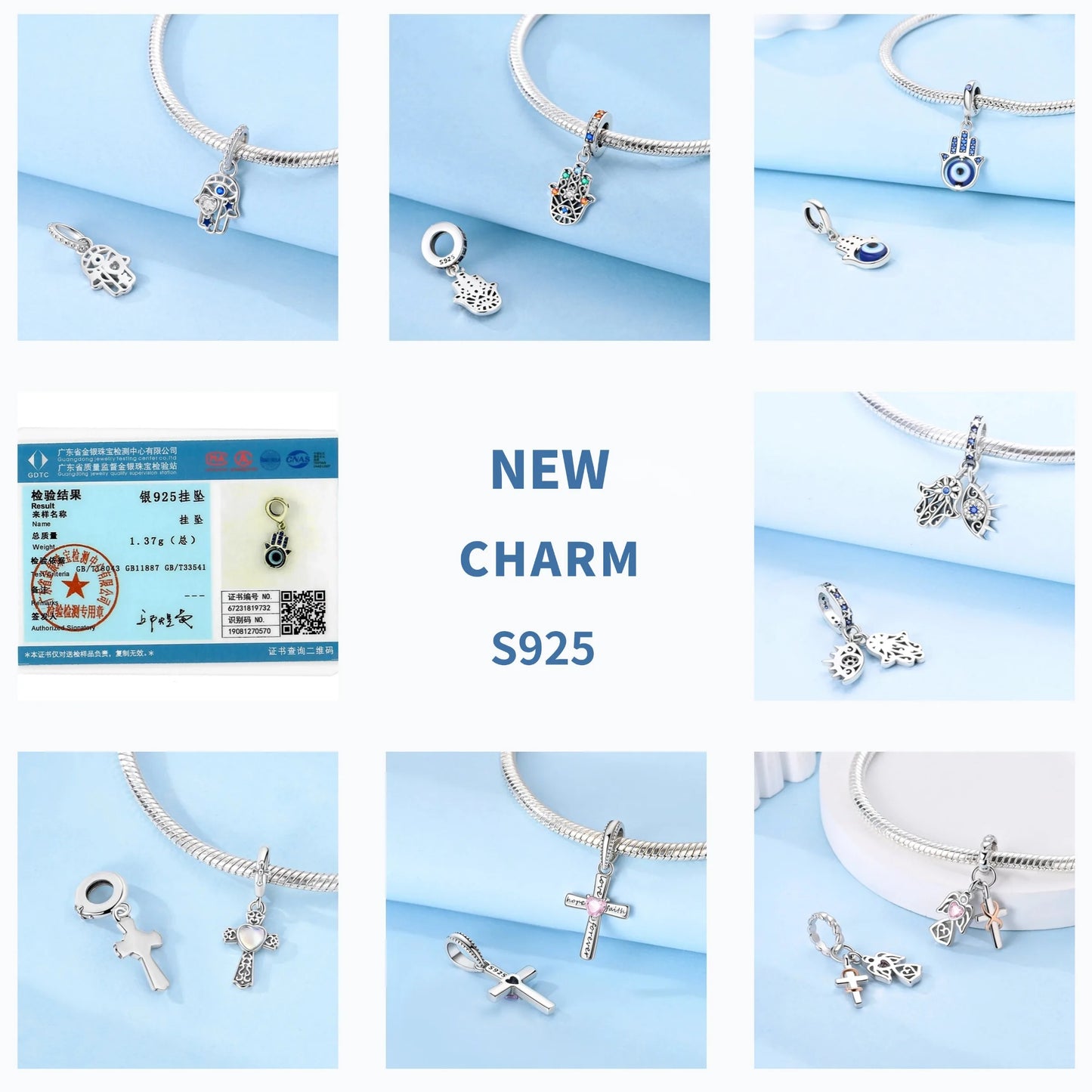 Teufelsaugen-Charm aus 925er Silber, Original-Hand der Fatima, blauer Zirkon, Kreuz, blaue Augen, passend für Armbänder, DIY-Herstellung von Schmuck, Geschenk