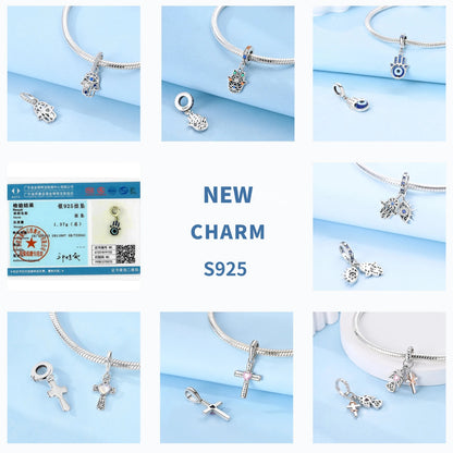 Teufelsaugen-Charm aus 925er Silber, Original-Hand der Fatima, blauer Zirkon, Kreuz, blaue Augen, passend für Armbänder, DIY-Herstellung von Schmuck, Geschenk