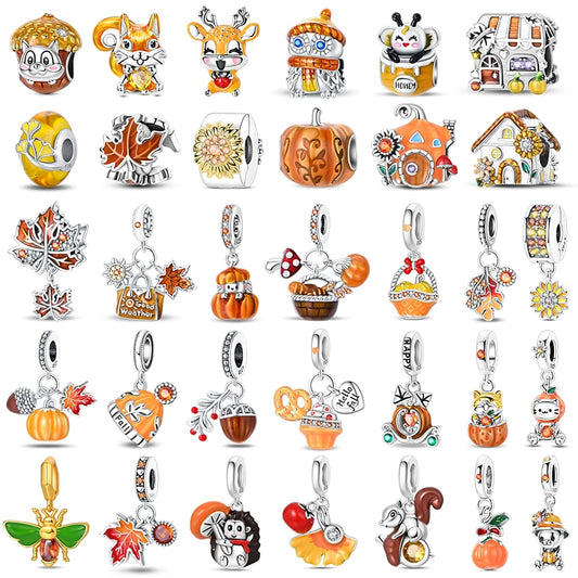 Herbst Neue 925 Sterling Silber Braun Maple Leaf Kürbis Biene Charms Bead Fit 3mm 925 Original Armbänder DIY schmuck Warmes Geschenk