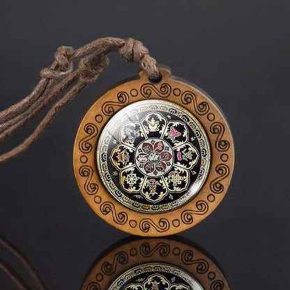 Mandala glass necklace, retro art, wooden pendant, Buddhist sacred geometry, jewelry, spiritual yoga gift