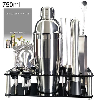 13-teiliges 750 ml 600 ml Cocktail-Shaker-Set, Bar-Werkzeuge aus Edelstahl mit schwarzem Ständer, 750 ml Shaker, Jigger, Löffel, Ausgießer