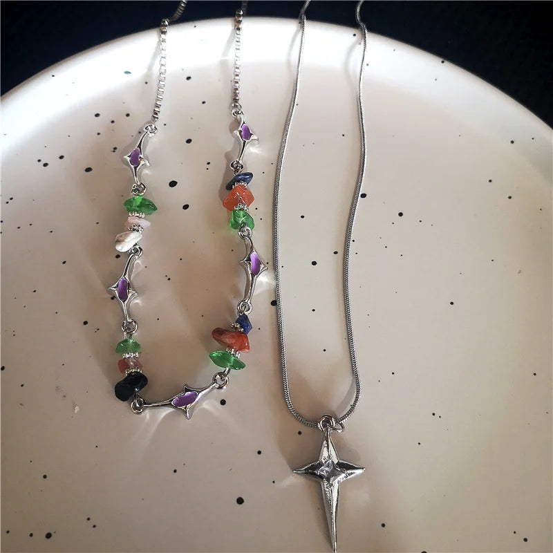 Geschmolzenes flüssiges Metall Vier-Sterne-Strass-Edelstahl-Kettenhalskette für Frauen Egirl Trend Ästhetischer Halsband Y2K-Schmuck