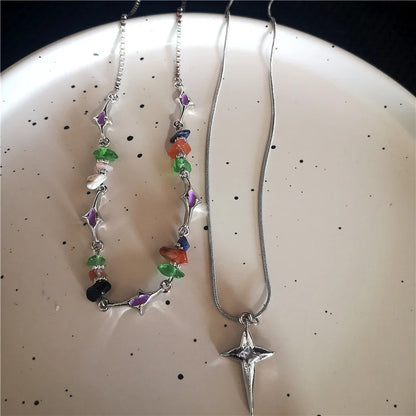 Geschmolzenes flüssiges Metall Vier-Sterne-Strass-Edelstahl-Kettenhalskette für Frauen Egirl Trend Ästhetischer Halsband Y2K-Schmuck