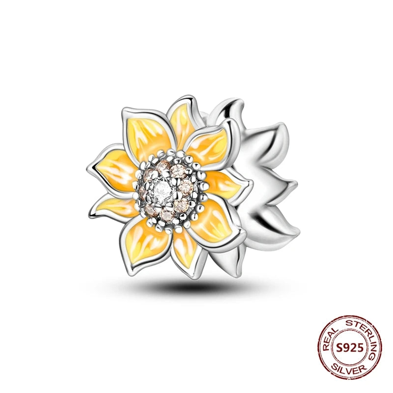 Gelber Sonnenblumen-Charm aus 925er Silber, Original-Zirkon, Kolibri, Einhorn-Charms, passend für Armbänder, DIY-Schmuck für Frauen, Hochzeitsgeschenk