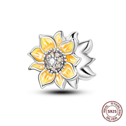 Gelber Sonnenblumen-Charm aus 925er Silber, Original-Zirkon, Kolibri, Einhorn-Charms, passend für Armbänder, DIY-Schmuck für Frauen, Hochzeitsgeschenk