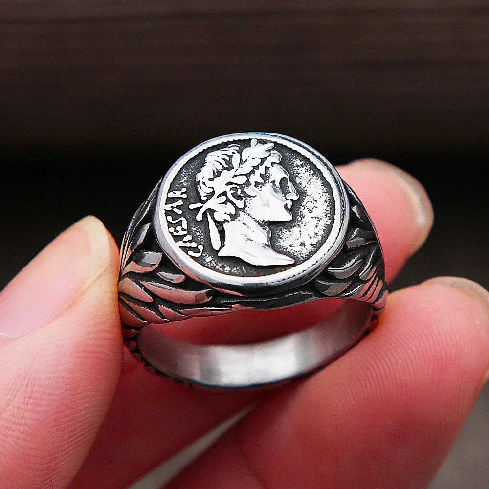 Männer Vintage Römisches Reich Caesar Ringe Edelstahl Silber/Gold Farbe Münze Caesar Kopf Signet Männer Ringe Mode Schmuck