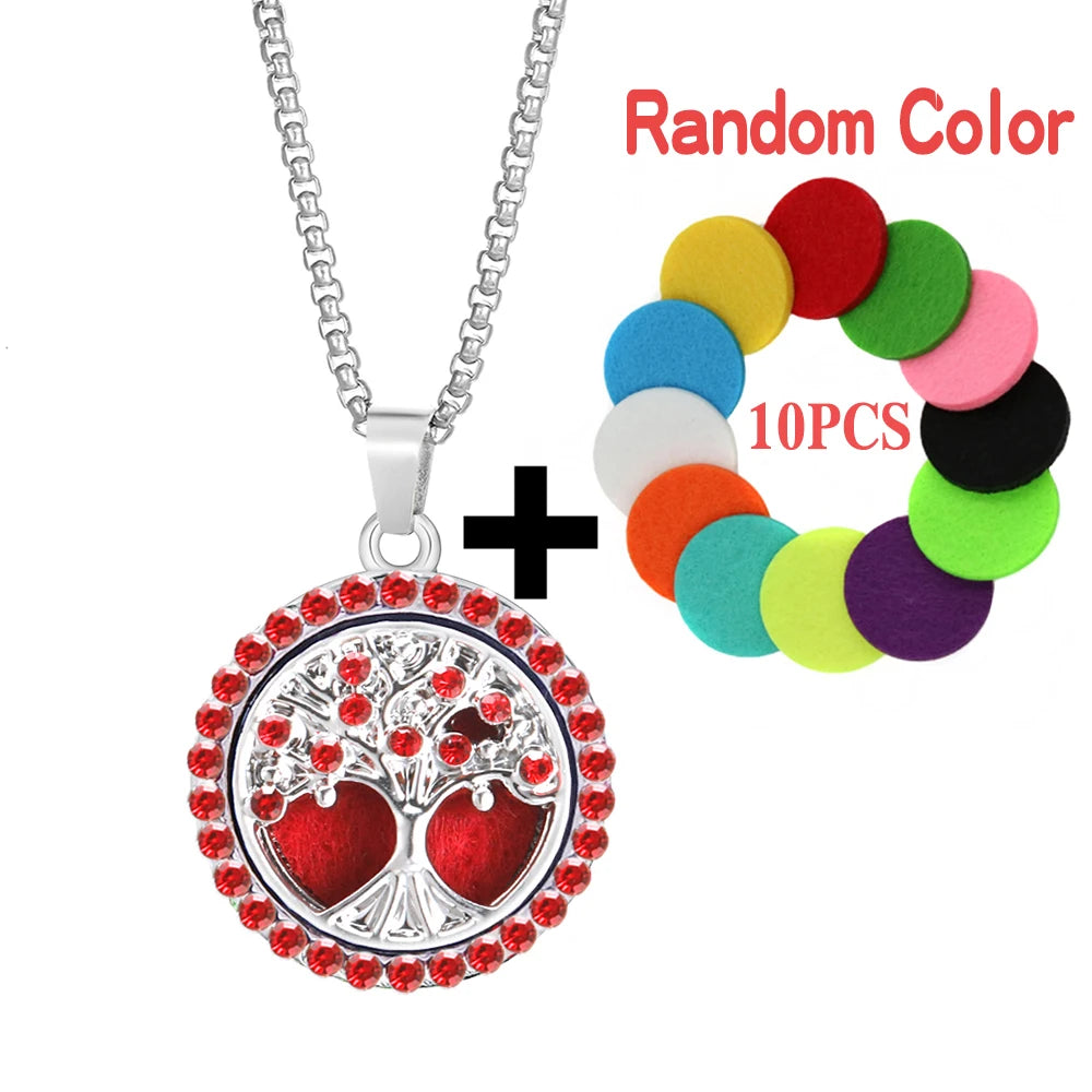 Trend ige Aroma therapie ätherische Öl Medaillon bunte Kristall Baum des Lebens Anhänger Edelstahl Parfüm Diffusor Halskette Schmuck