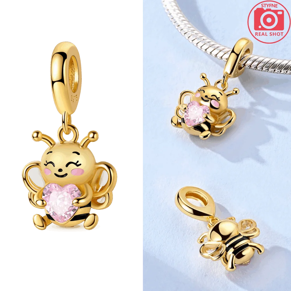 Original funkelnde Charm-Perlen aus 925er-Sterlingsilber, Gold, Rose, heller Stern, Herz, passend für Armbänder, DIY-Jubiläums-Schmuck, Geschenk