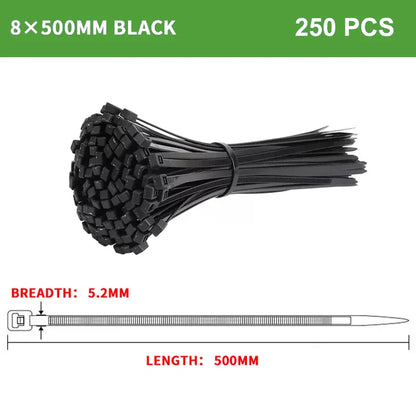 250 Stück selbstsichernder Kunststoff-Nylon-Kabelbinder, schwarz, 5 x 300 Kabelbinder, 8 x 200 mm, Befestigungsring, Kabelbinder, Reißverschluss, Wraps, Riemen, Nylon-Kabelbinder-Set